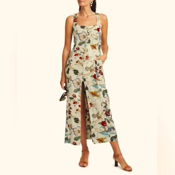Just Bee Queen Catalina Floral Birds Beige Dress Size XS Spring Chic Elegant - Picture 1 of 7